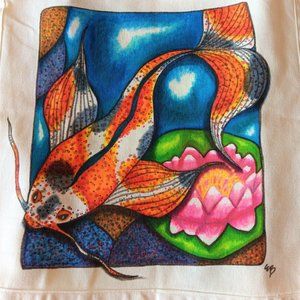 Handmade Painted Tote Bag with Orange Spotted Koi Fish and Pink Lotus In Pond